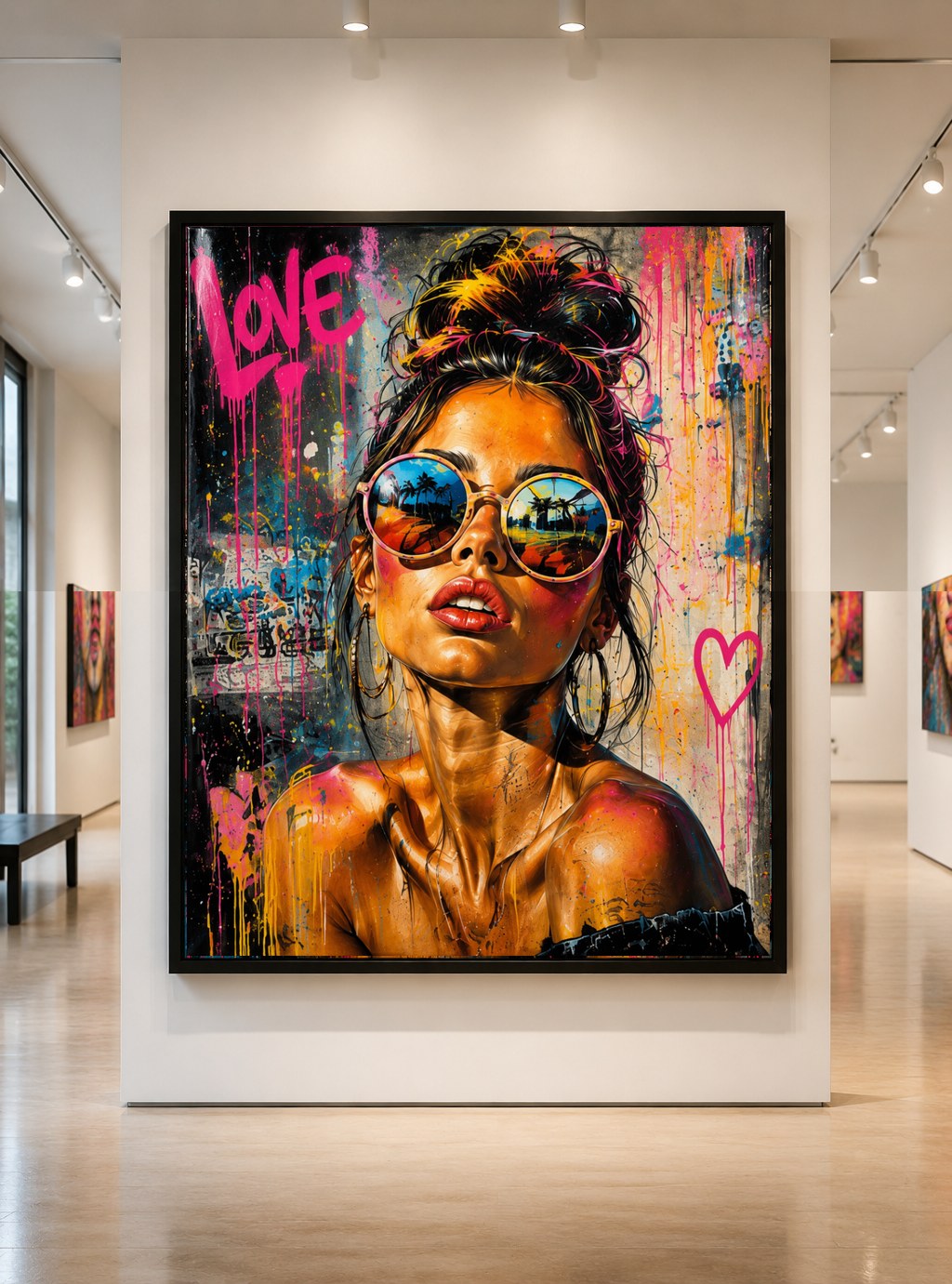 Street-pop portrait with round reflective sunglasses and pink love lettering, displayed in a gallery