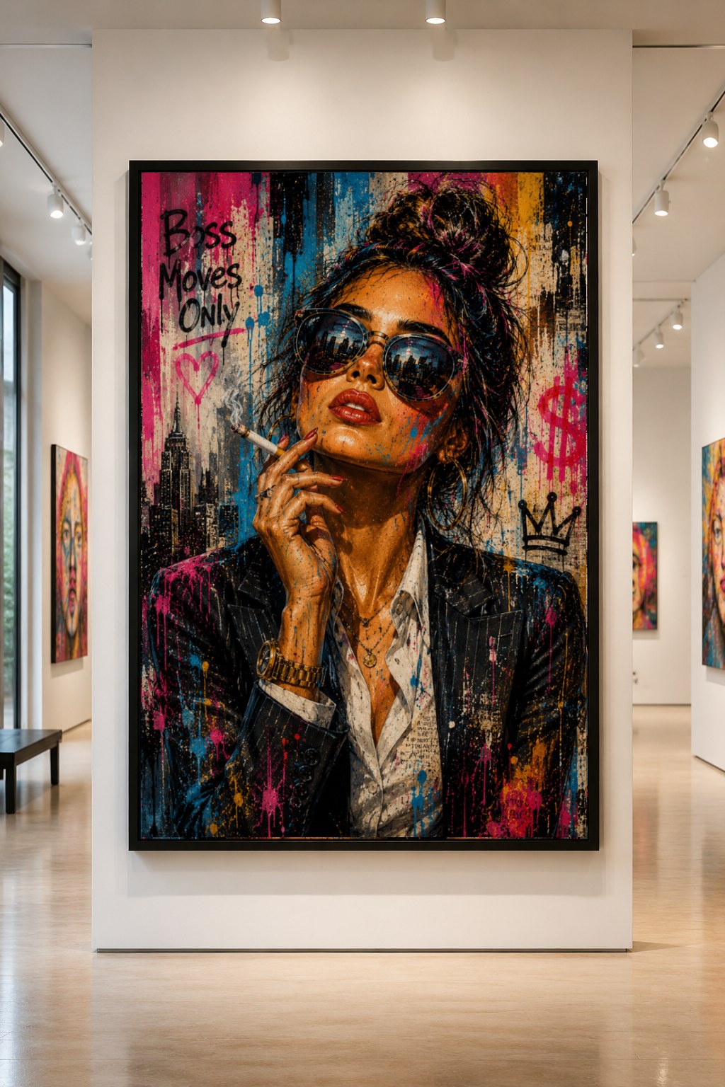 Fashion-forward portrait in sunglasses and pinstripes with handwritten text, hanging in a gallery