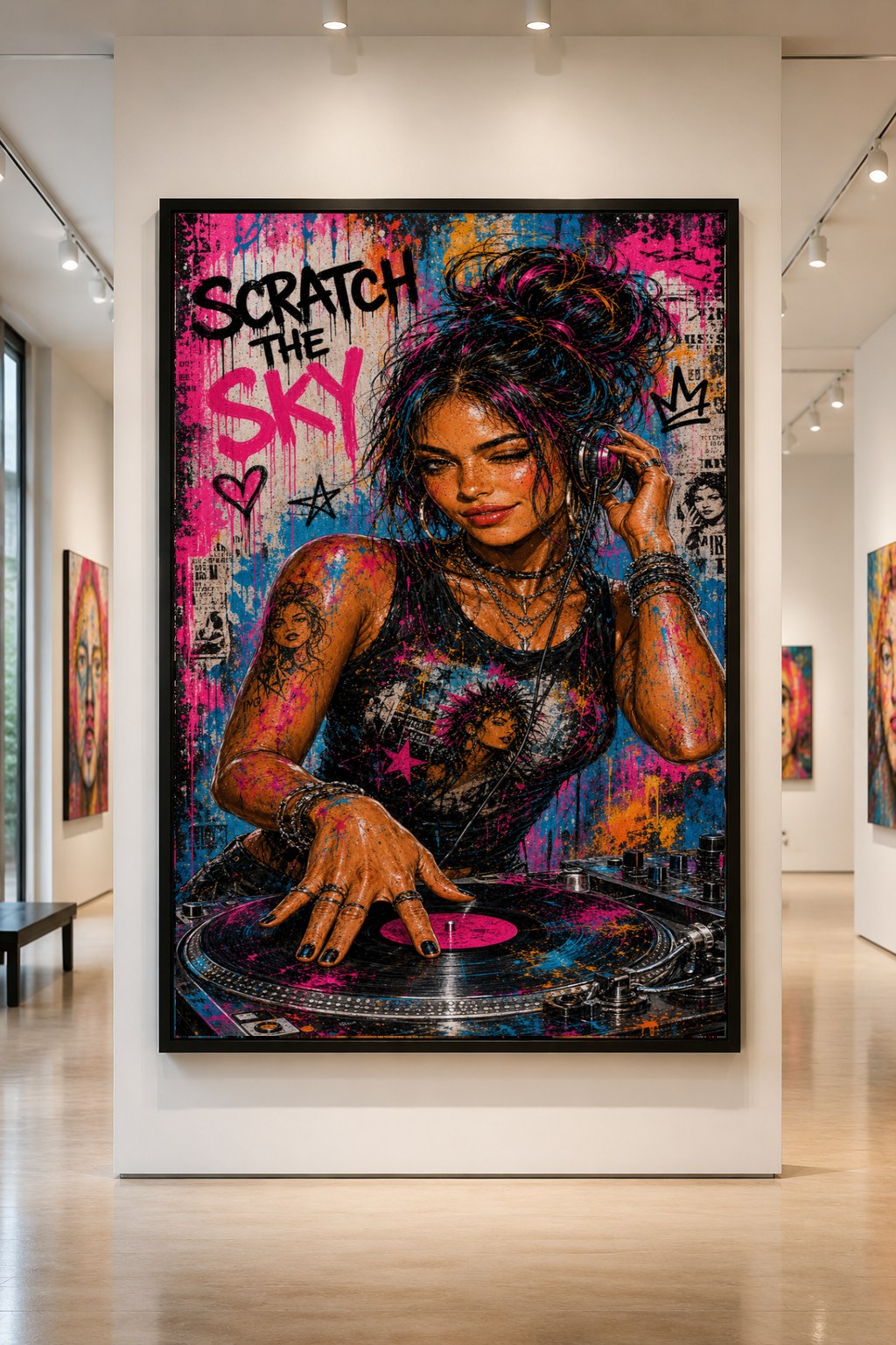 Street-pop DJ portrait with headphones and a vinyl turntable, hanging in a gallery