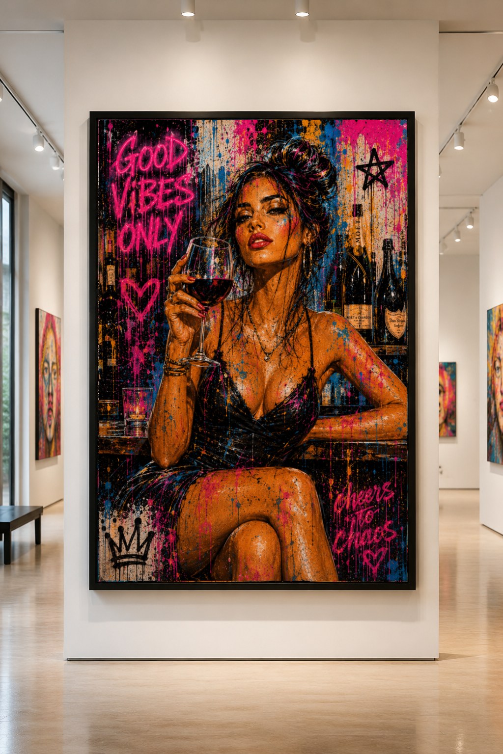 Nightlife portrait holding a wine glass in a paint-splashed setting, hanging in a gallery