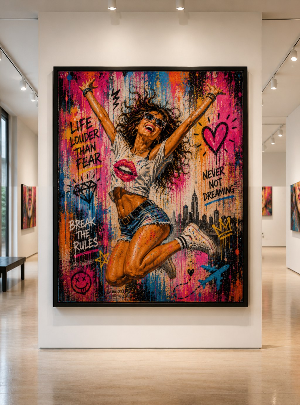 Energetic pop-art painting of a joyful airborne figure against a graffiti wall, hanging in a gallery