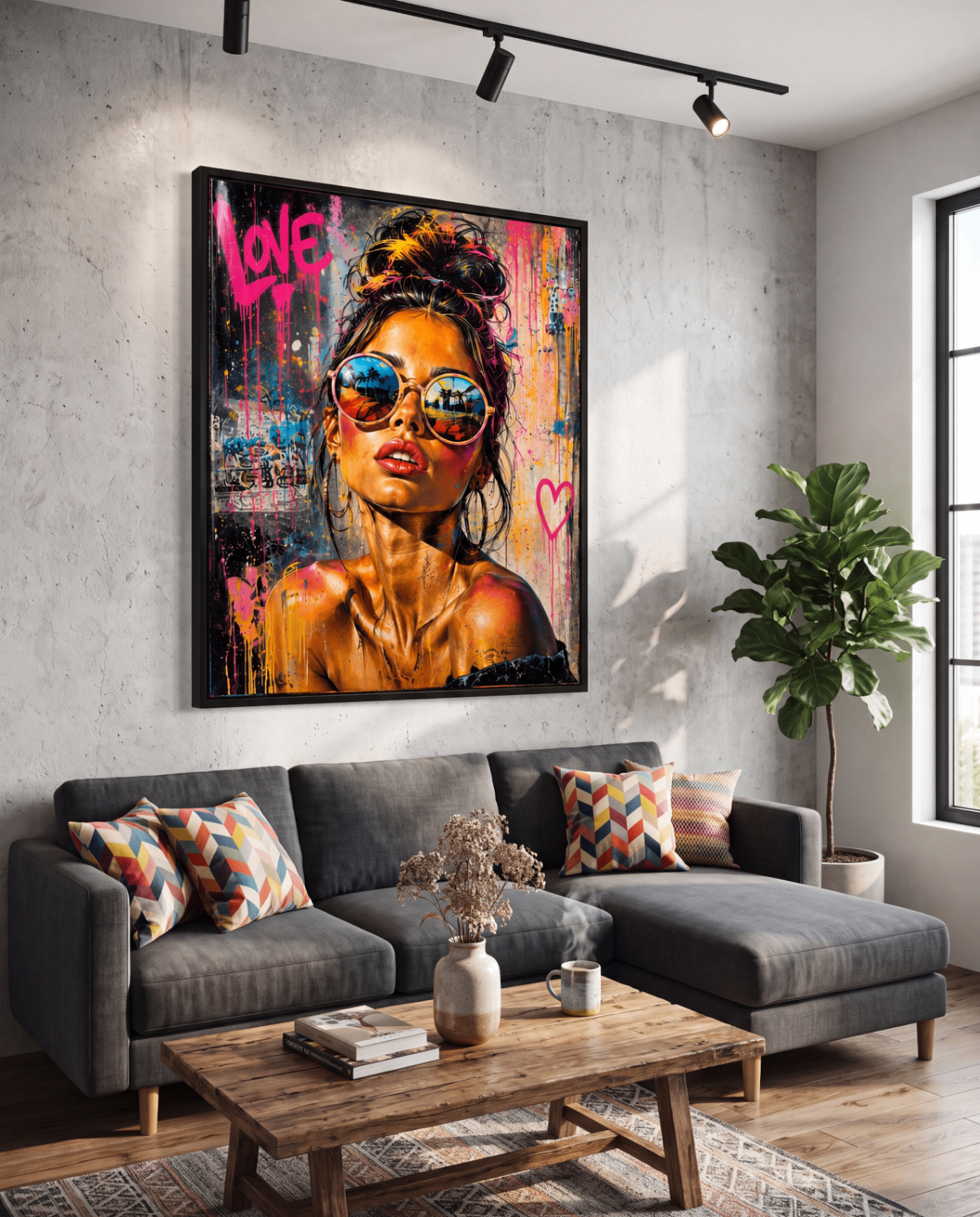 Love Round Shades — large original mixed-media pop art by Tomasio hanging on the wall of a modern luxury home interior, view 3