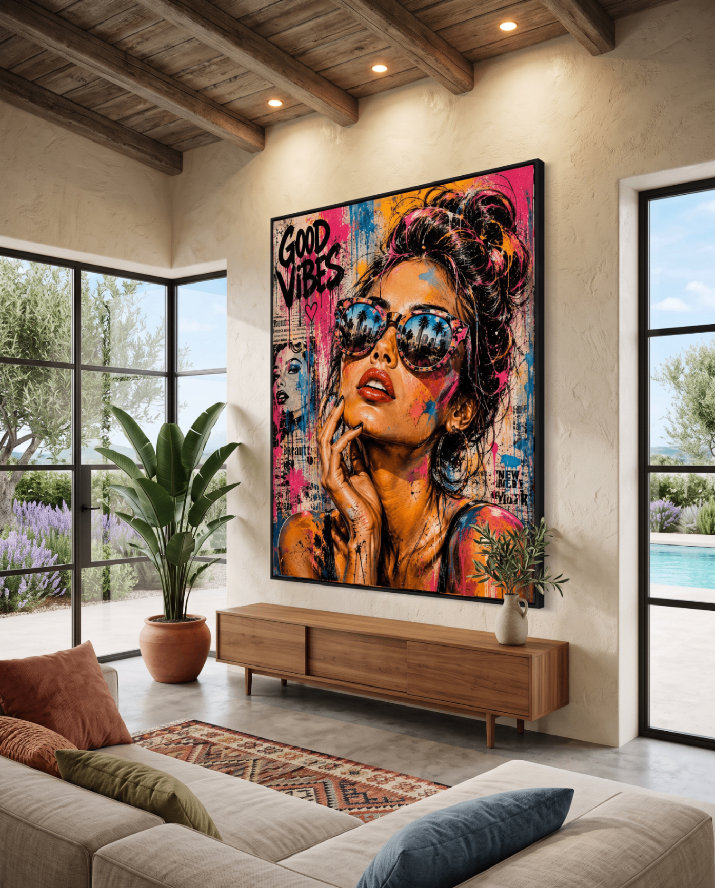 Good Vibes Muse — large original mixed-media pop art by Tomasio hanging on the wall of a modern luxury home interior, view 4