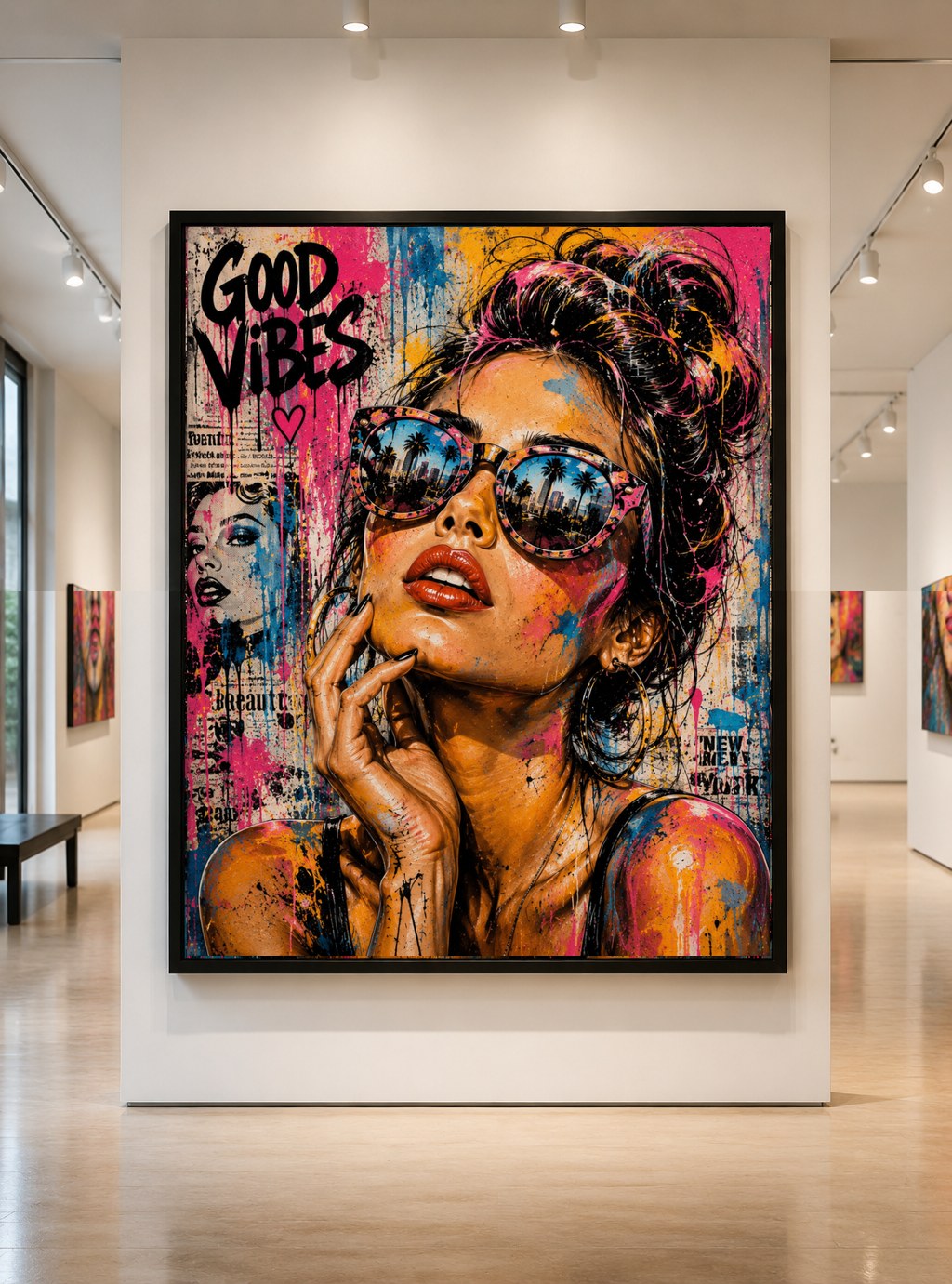 Street-pop portrait with palm tree reflections in sunglasses and graffiti reading Good Vibes, in a gallery