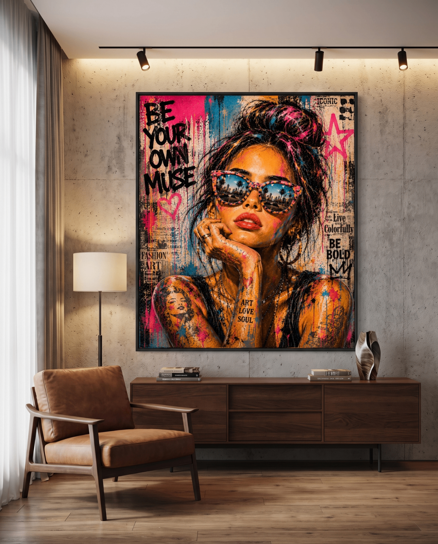 Be Your Own Muse — large original mixed-media pop art by Tomasio hanging on the wall of a modern luxury home interior, view 3