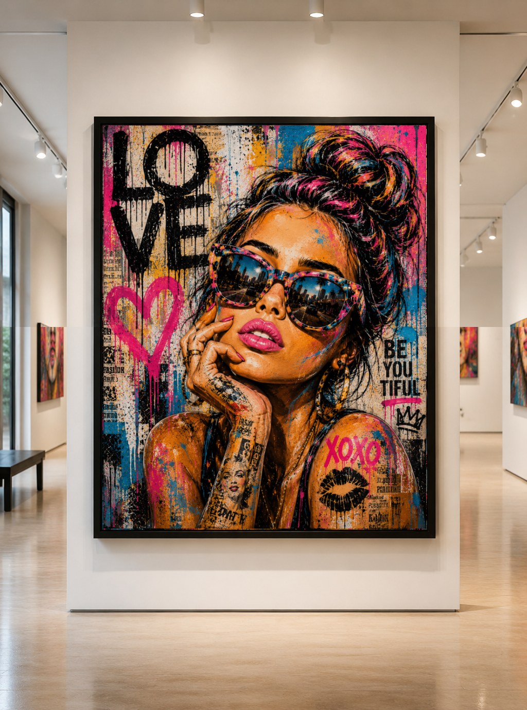 Street-pop portrait with patterned sunglasses and graphic lettering, displayed in a gallery