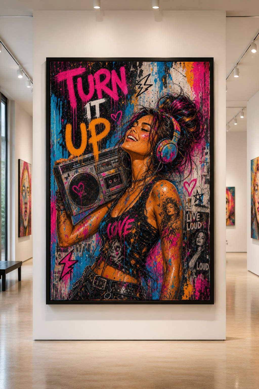 Street-pop portrait with boombox and headphones surrounded by neon drips, displayed in a gallery
