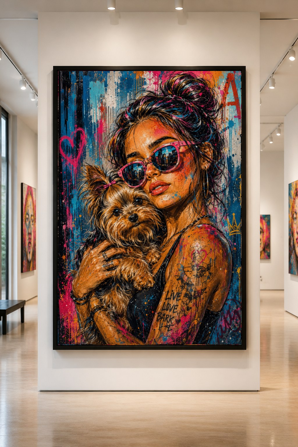 Pop-art portrait holding a small dog with bright sunglasses, displayed in a gallery