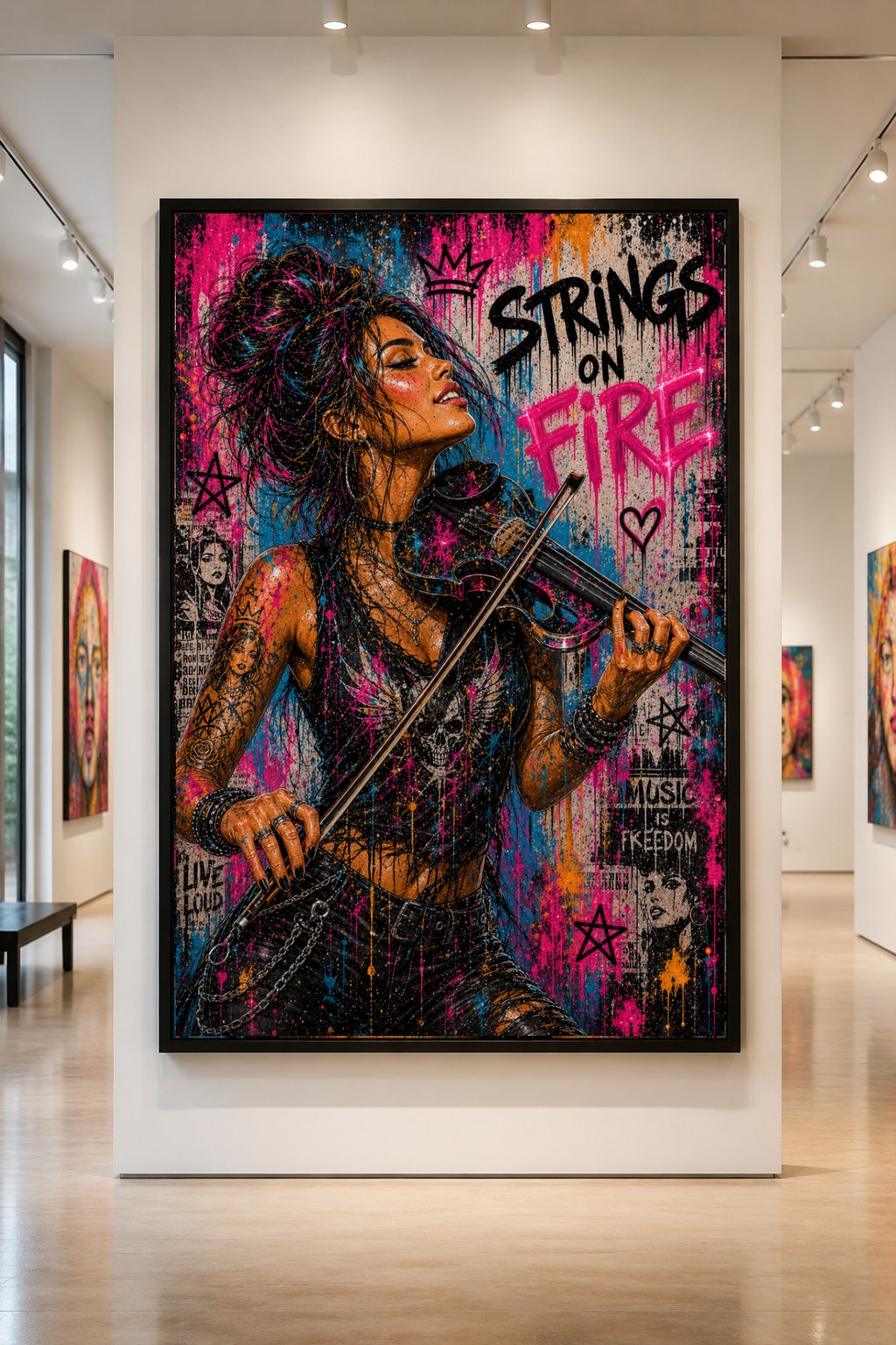 Graffiti-style portrait of a violinist with pink lettering and paint drips, displayed in a gallery