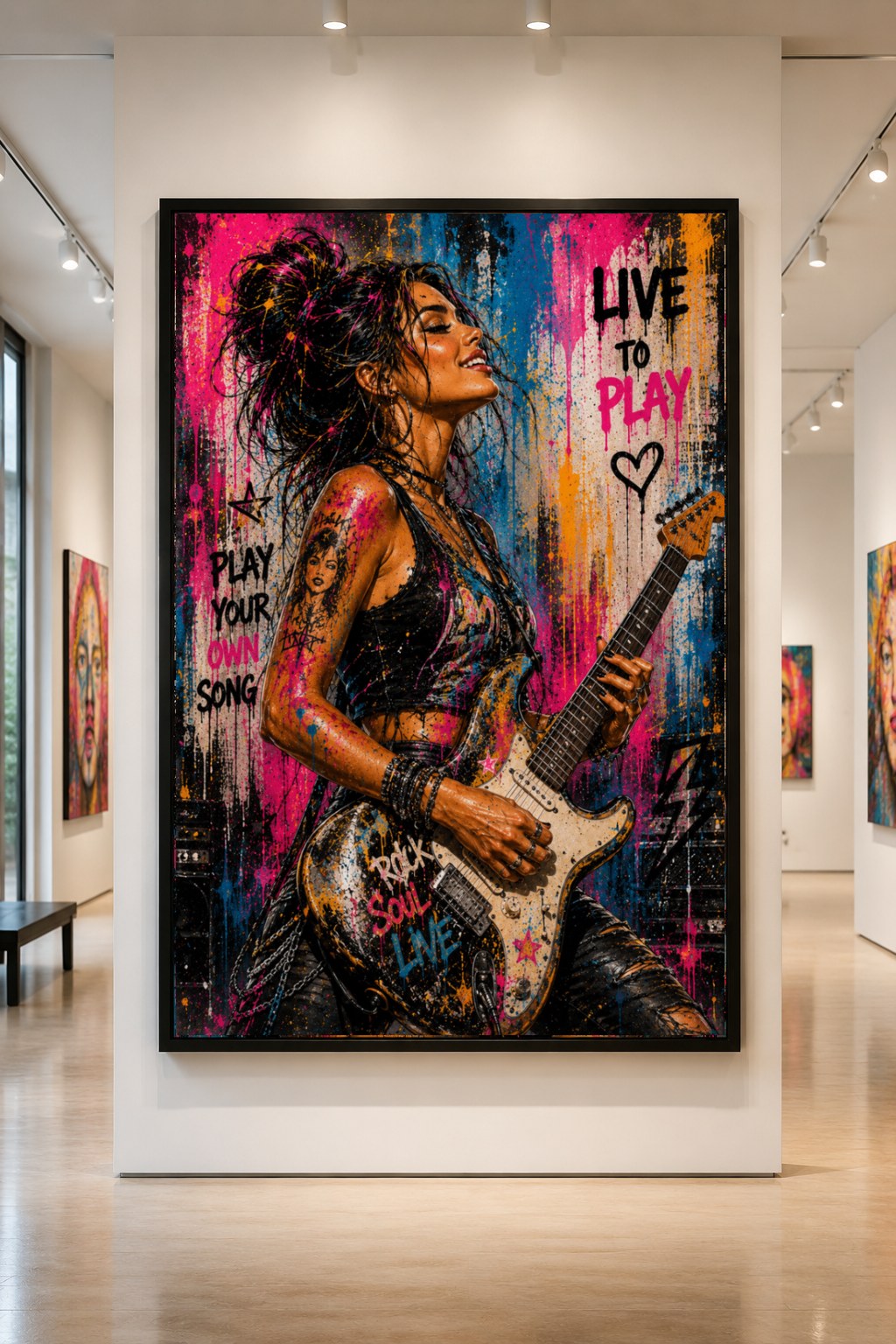 Street-pop painting of a woman playing electric guitar with graffiti phrases, displayed in a gallery