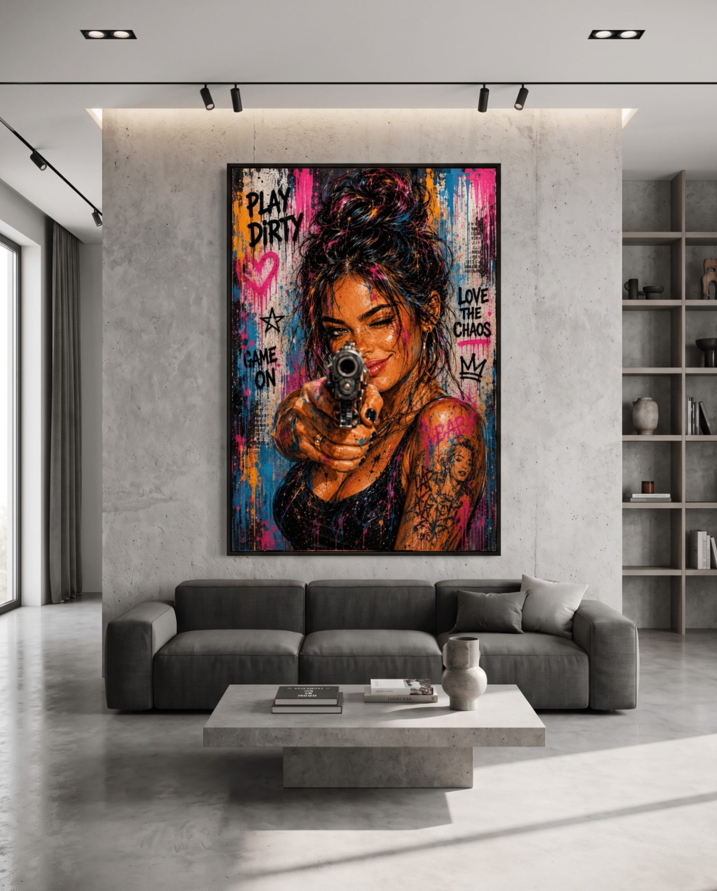 Chaos Sweetheart — large original mixed-media pop art by Tomasio hanging on the wall of a modern luxury home interior, view 3