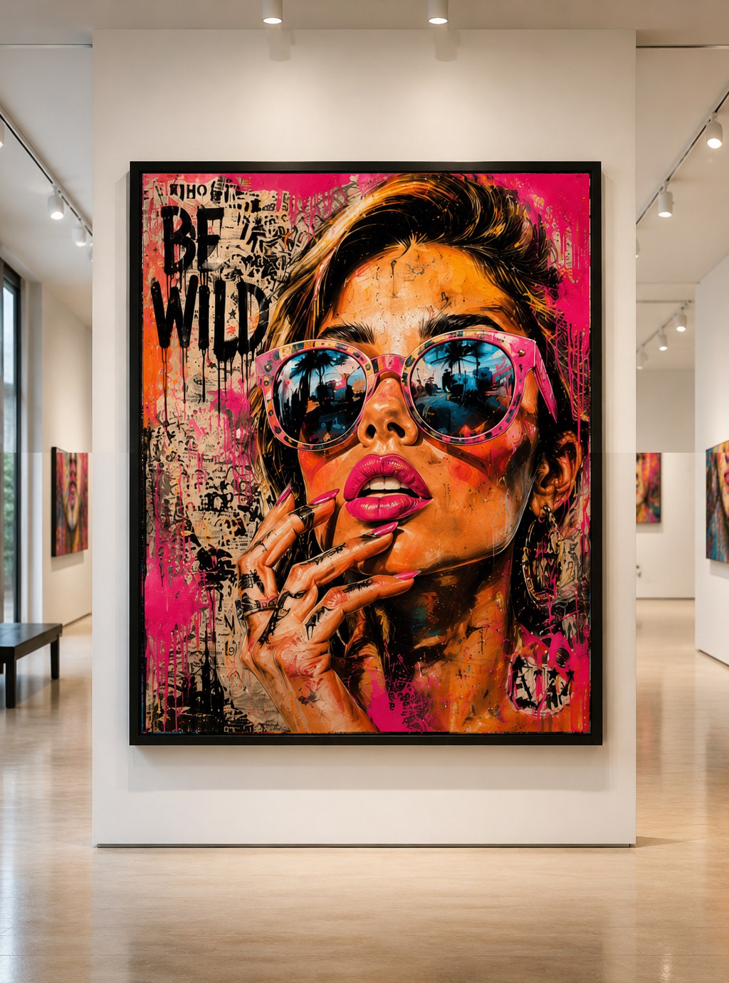 Close-up street-pop portrait in pink sunglasses with bold lettering reading Be Wild, hanging in a gallery