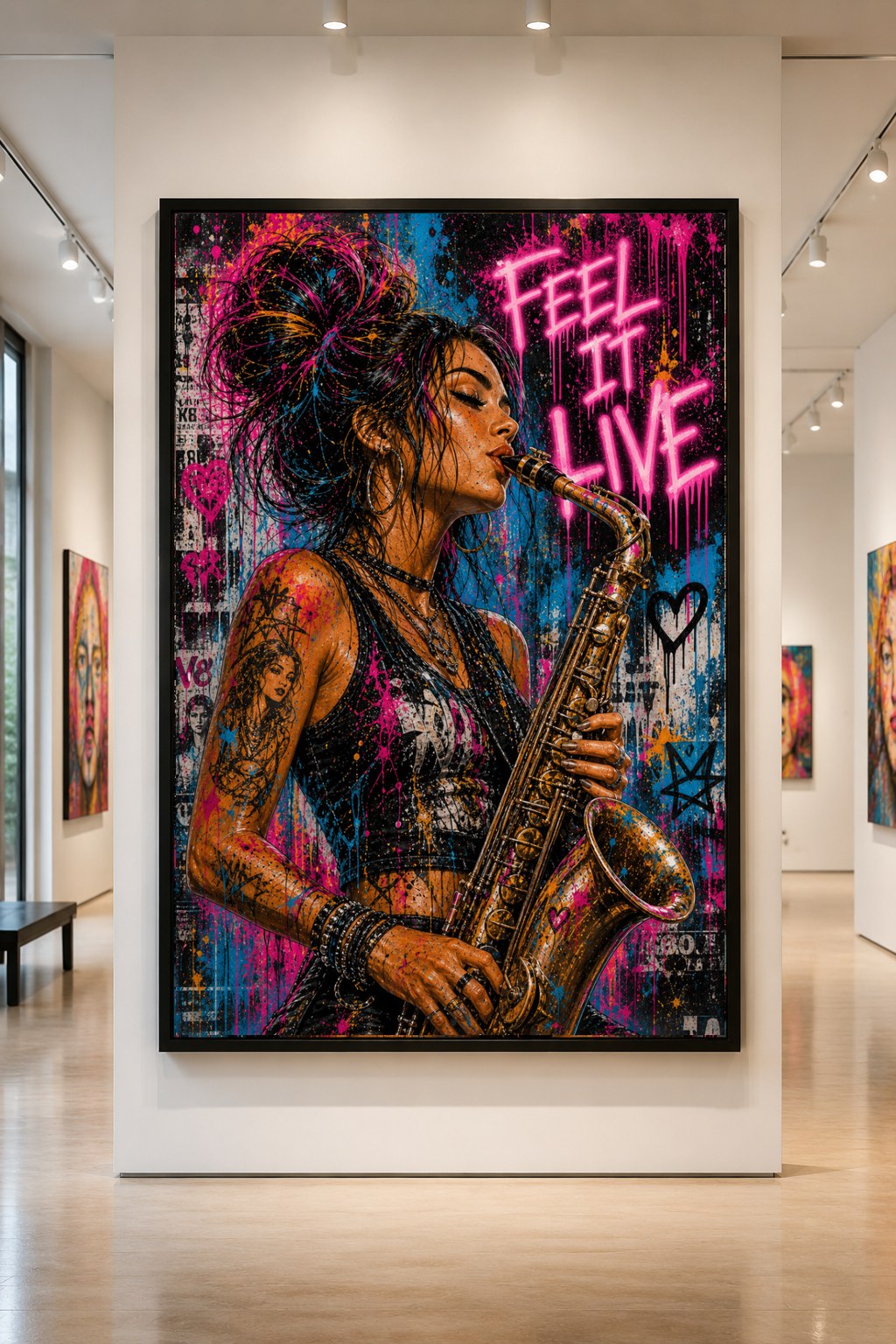 Street-pop saxophone player in profile with neon pink lettering, displayed in a gallery