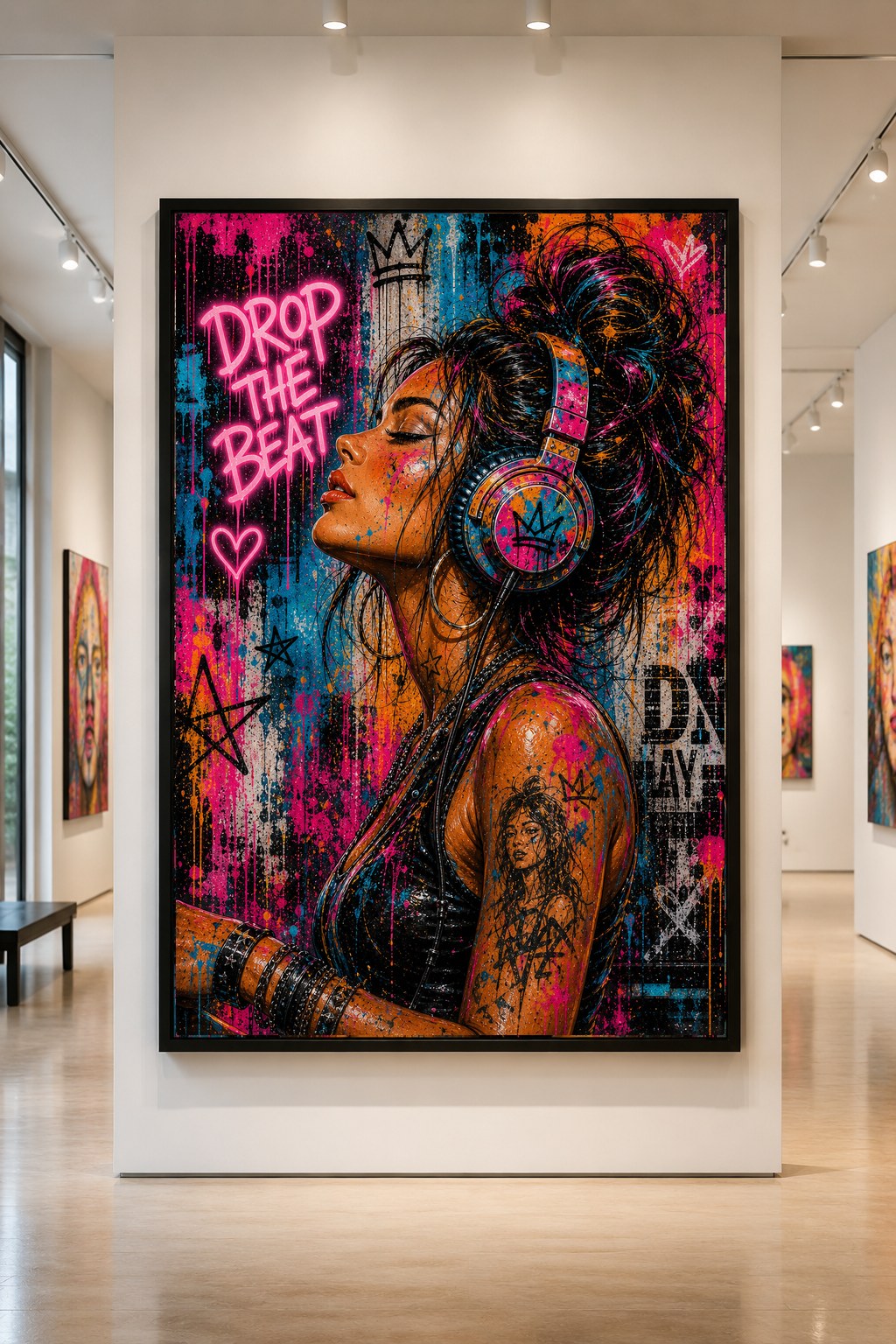 Profile portrait of a woman in oversized headphones with paint drips, hanging in a gallery