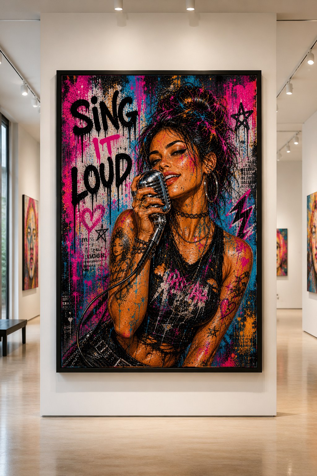 Street-pop singer holding a retro microphone with pink and cyan splashes, displayed in a gallery