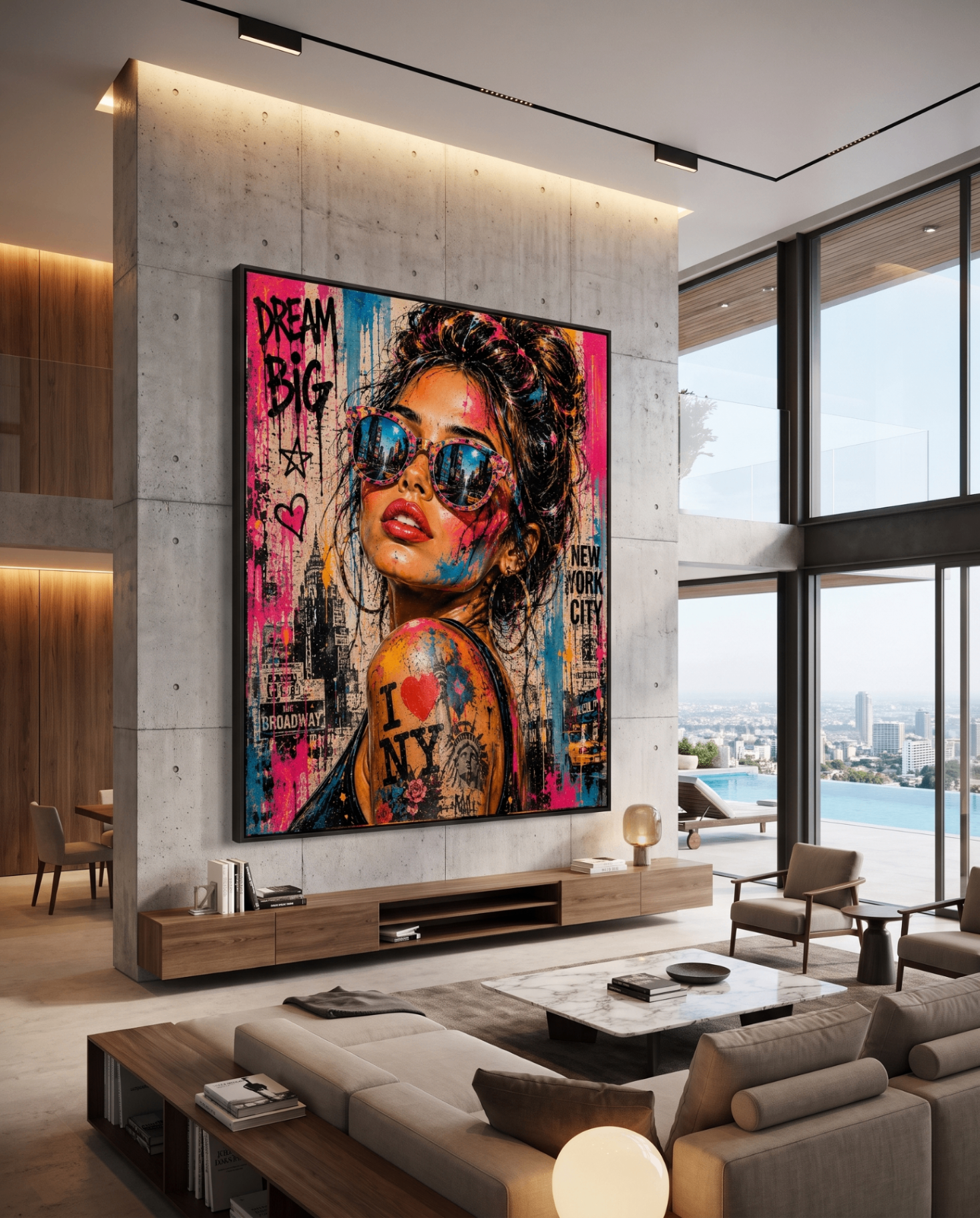 Dream Big NYC — large original mixed-media pop art by Tomasio hanging on the wall of a modern luxury home interior, view 4