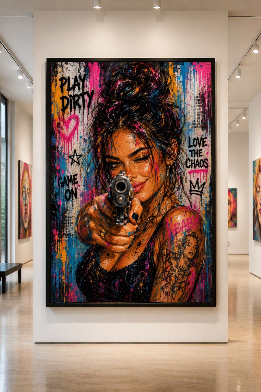 Provocative pop-art portrait with graffiti-like lettering and paint splatter, hanging in a gallery