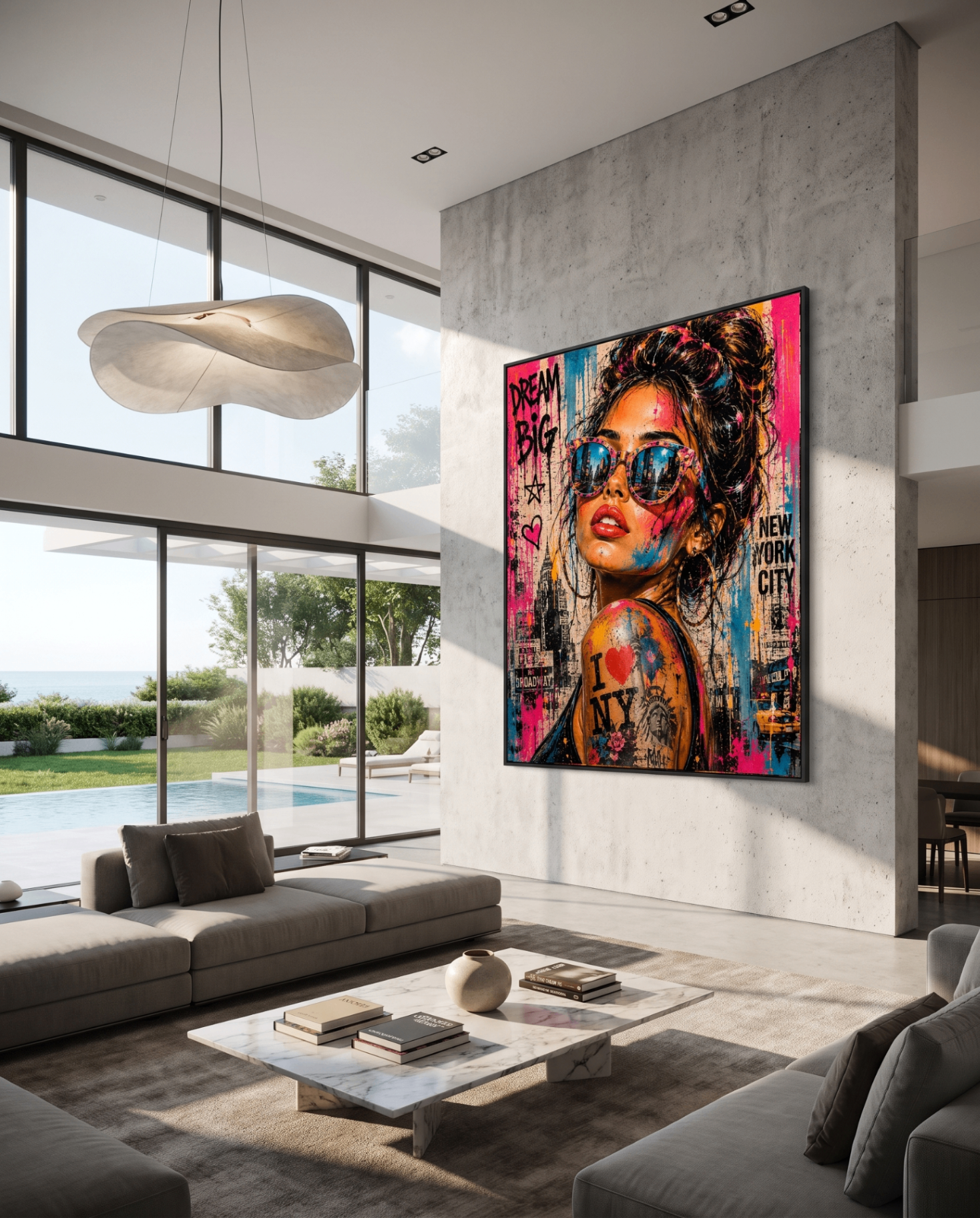 Dream Big NYC — large original mixed-media pop art by Tomasio hanging on the wall of a modern luxury home interior, view 3