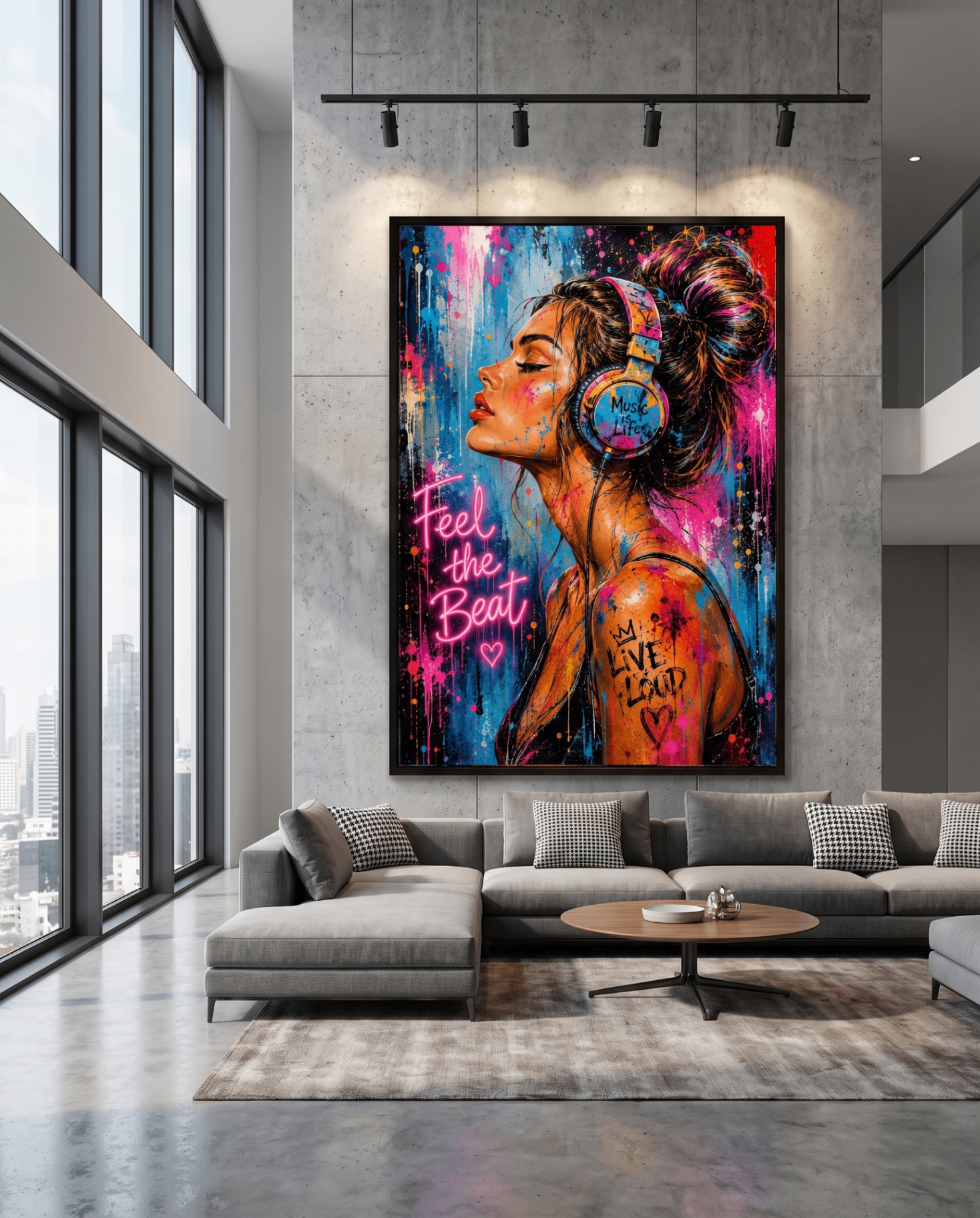 Neon Pulse — large original mixed-media pop art by Tomasio hanging on the wall of a modern luxury home interior, view 4
