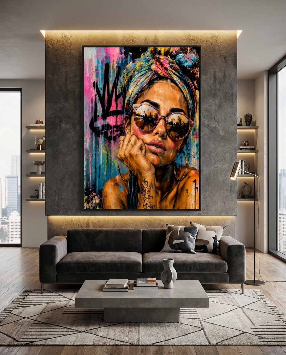 Crown the Static — large original mixed-media pop art by Tomasio hanging on the wall of a modern luxury home interior, view 3