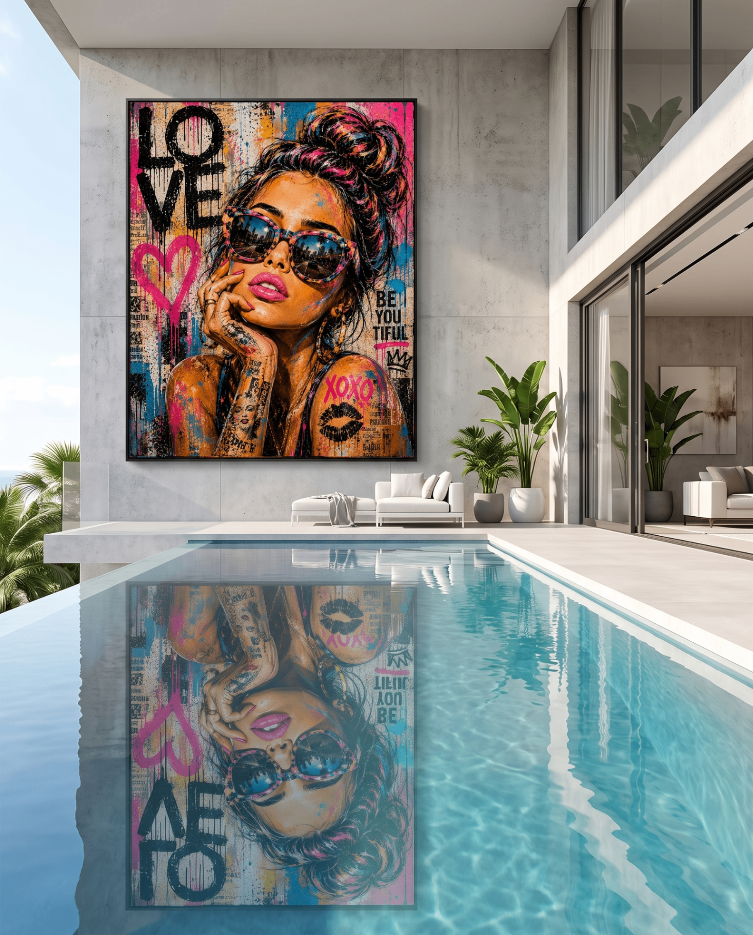 Love XOXO — large original mixed-media pop art by Tomasio hanging on the wall of a modern luxury home interior, view 4