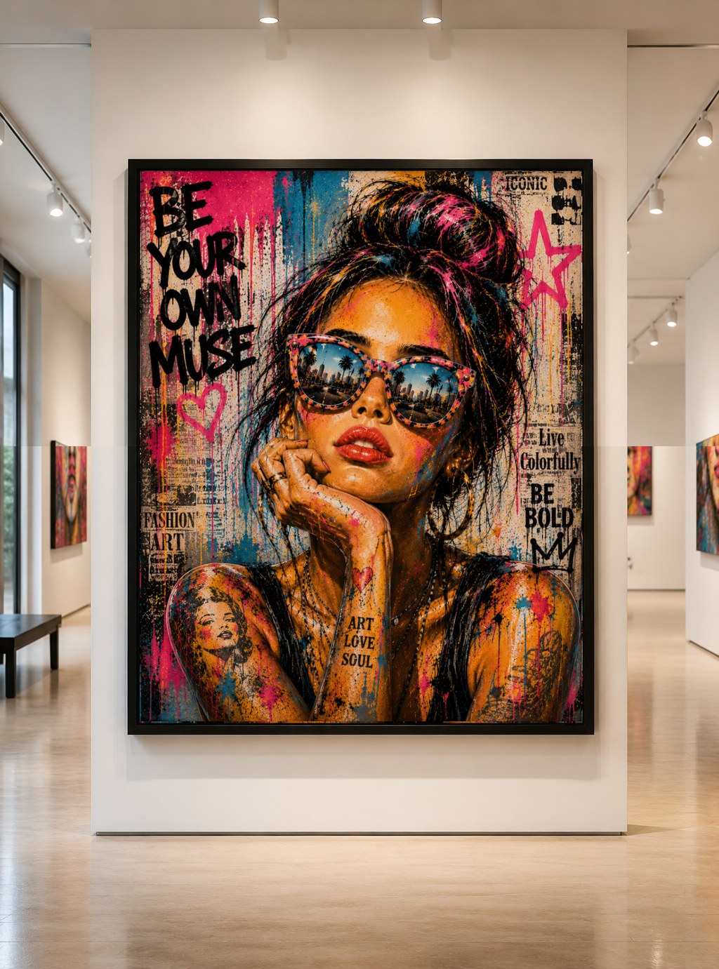 Street-pop portrait of a woman in patterned sunglasses with bold graffiti lettering reading Be Your Own Muse, hanging in a gallery