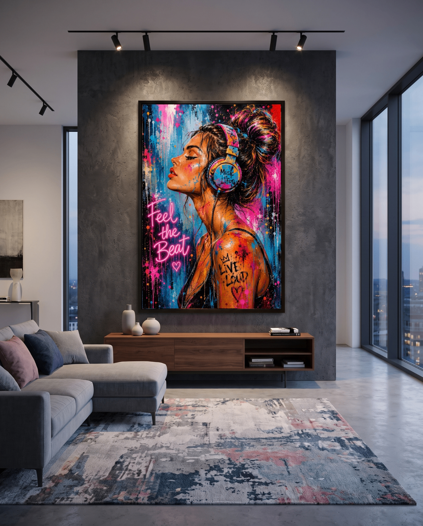 Neon Pulse — large original mixed-media pop art by Tomasio hanging on the wall of a modern luxury home interior, view 3