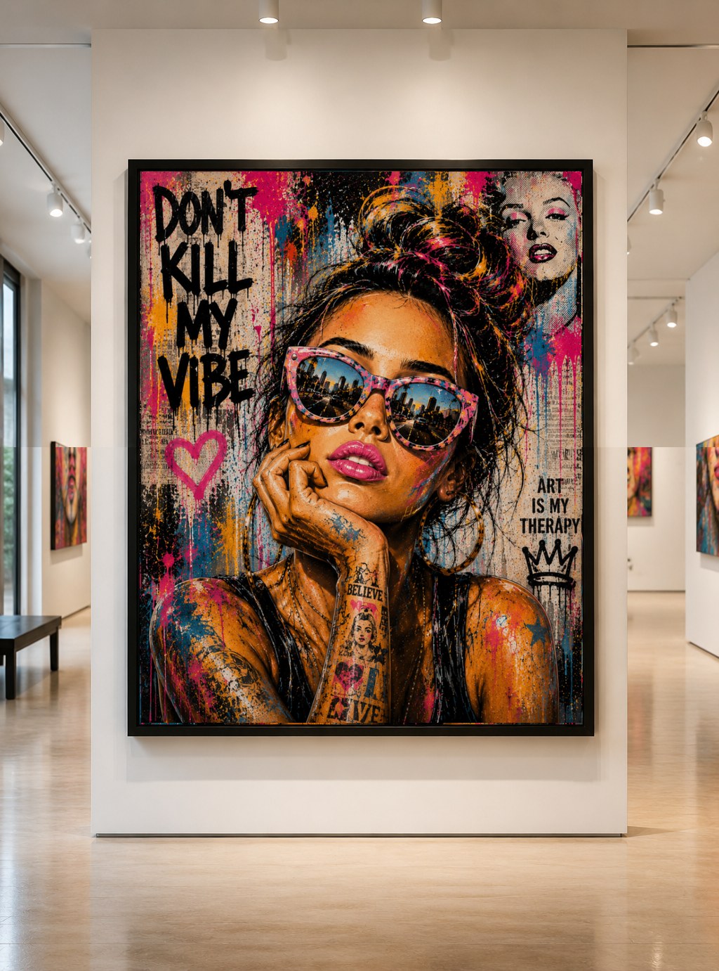 Street-pop portrait with oversized sunglasses and graffiti text reading Don't Kill My Vibe, displayed in a gallery