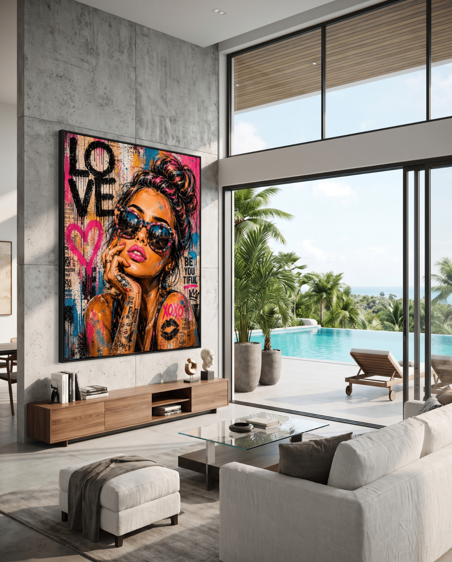 Love XOXO — large original mixed-media pop art by Tomasio hanging on the wall of a modern luxury home interior, view 3