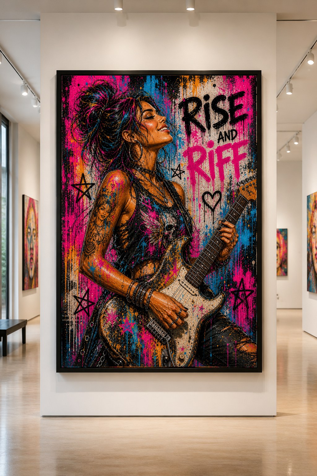 Street-pop portrait of a woman playing electric guitar with neon drips, displayed in a gallery