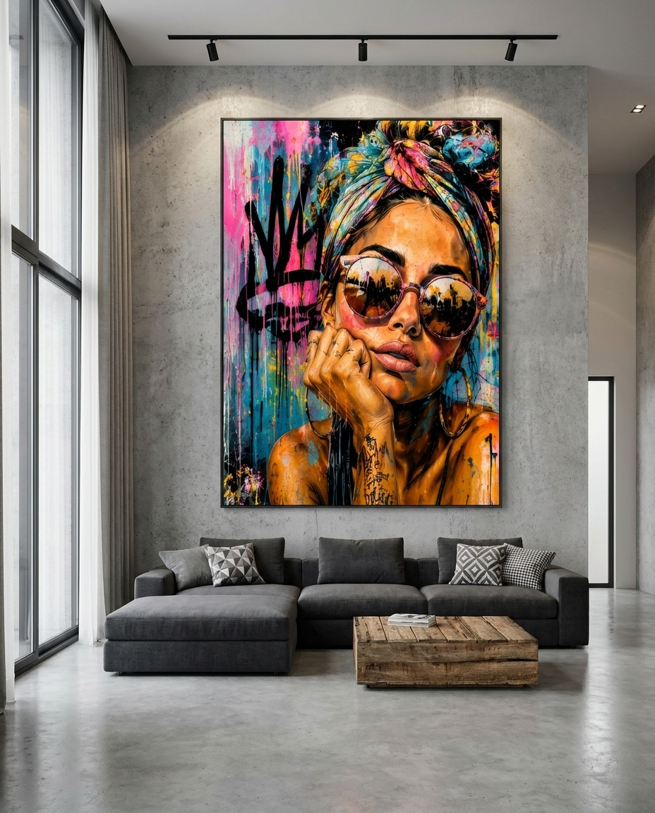 Crown the Static — large original mixed-media pop art by Tomasio hanging on the wall of a modern luxury home interior, view 4