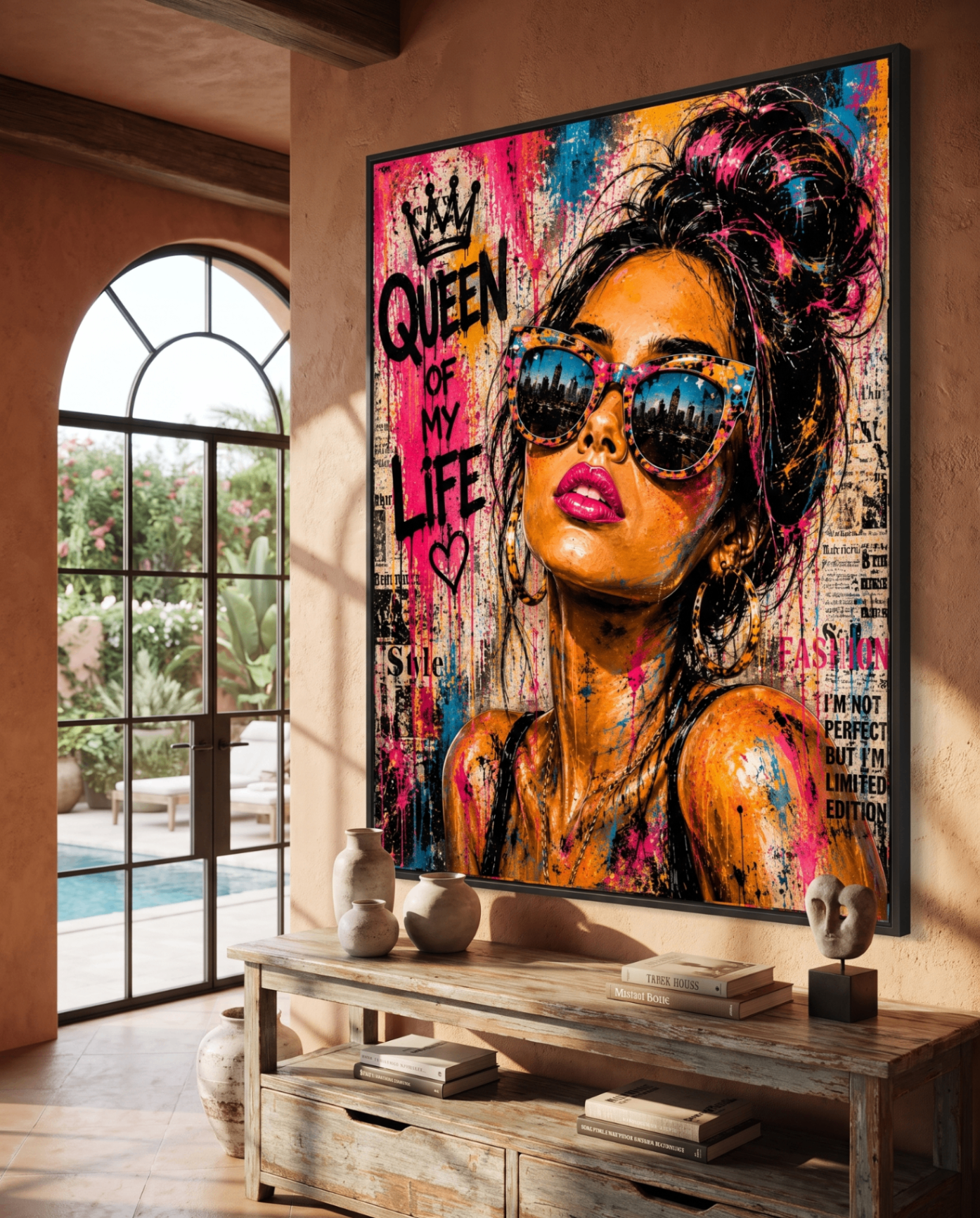 Queen of My Life — large original mixed-media pop art by Tomasio hanging on the wall of a modern luxury home interior, view 4