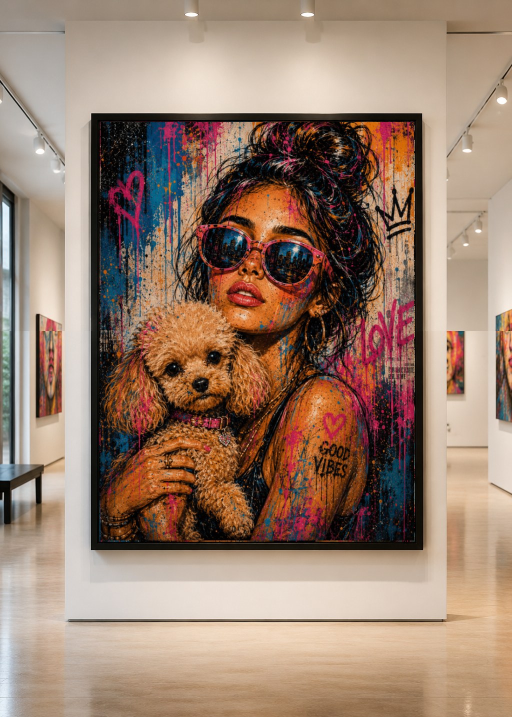 Street-pop portrait with a poodle and neon sunglasses, displayed in a gallery