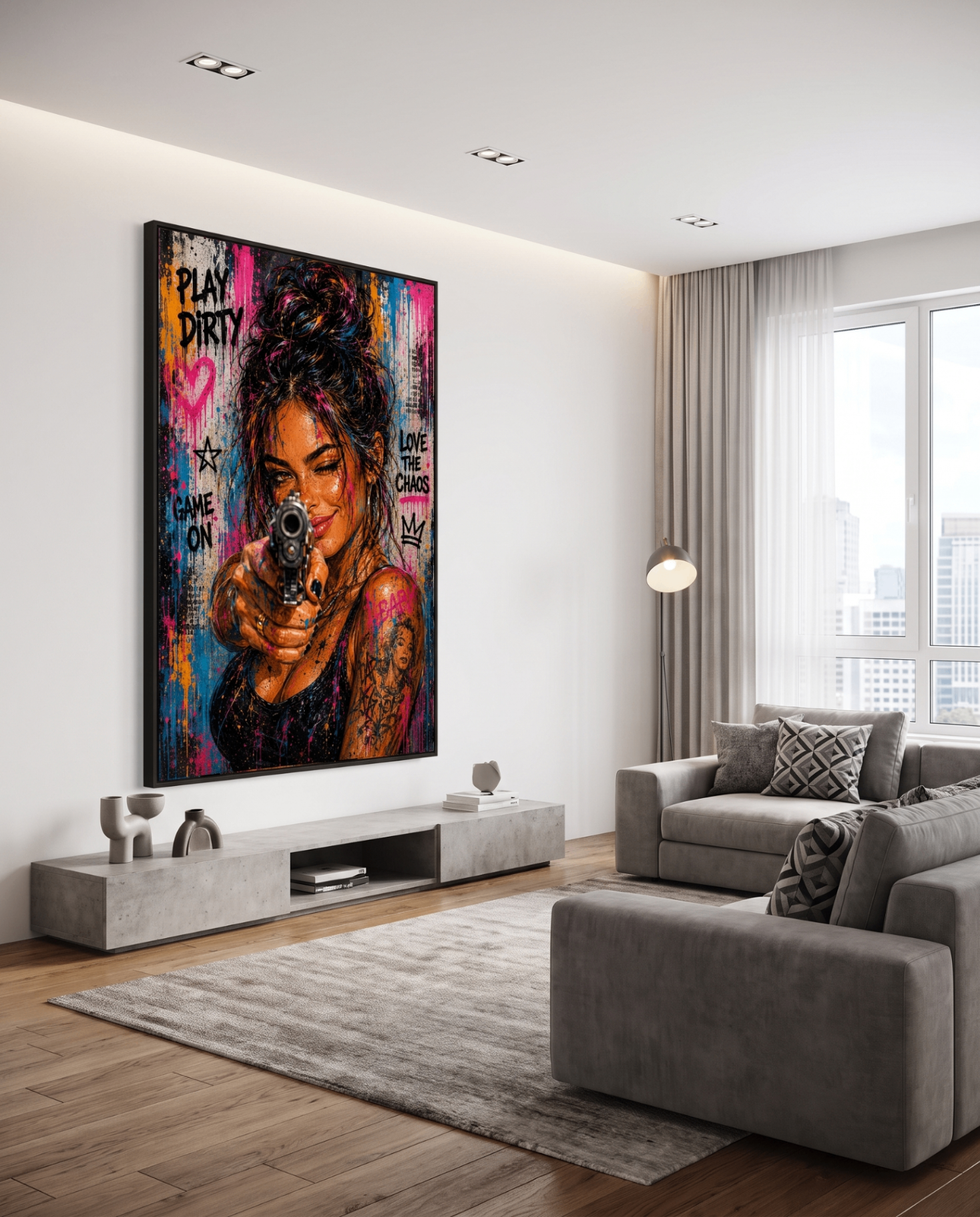 Chaos Sweetheart — large original mixed-media pop art by Tomasio hanging on the wall of a modern luxury home interior, view 4