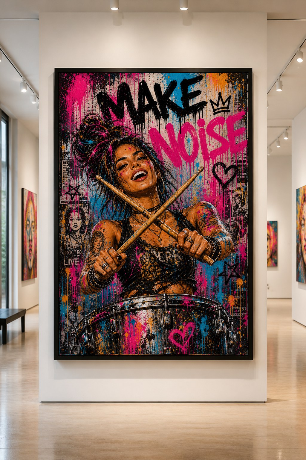 Street-pop drummer portrait with crossed drumsticks in front of a neon graffiti wall, hanging in a gallery