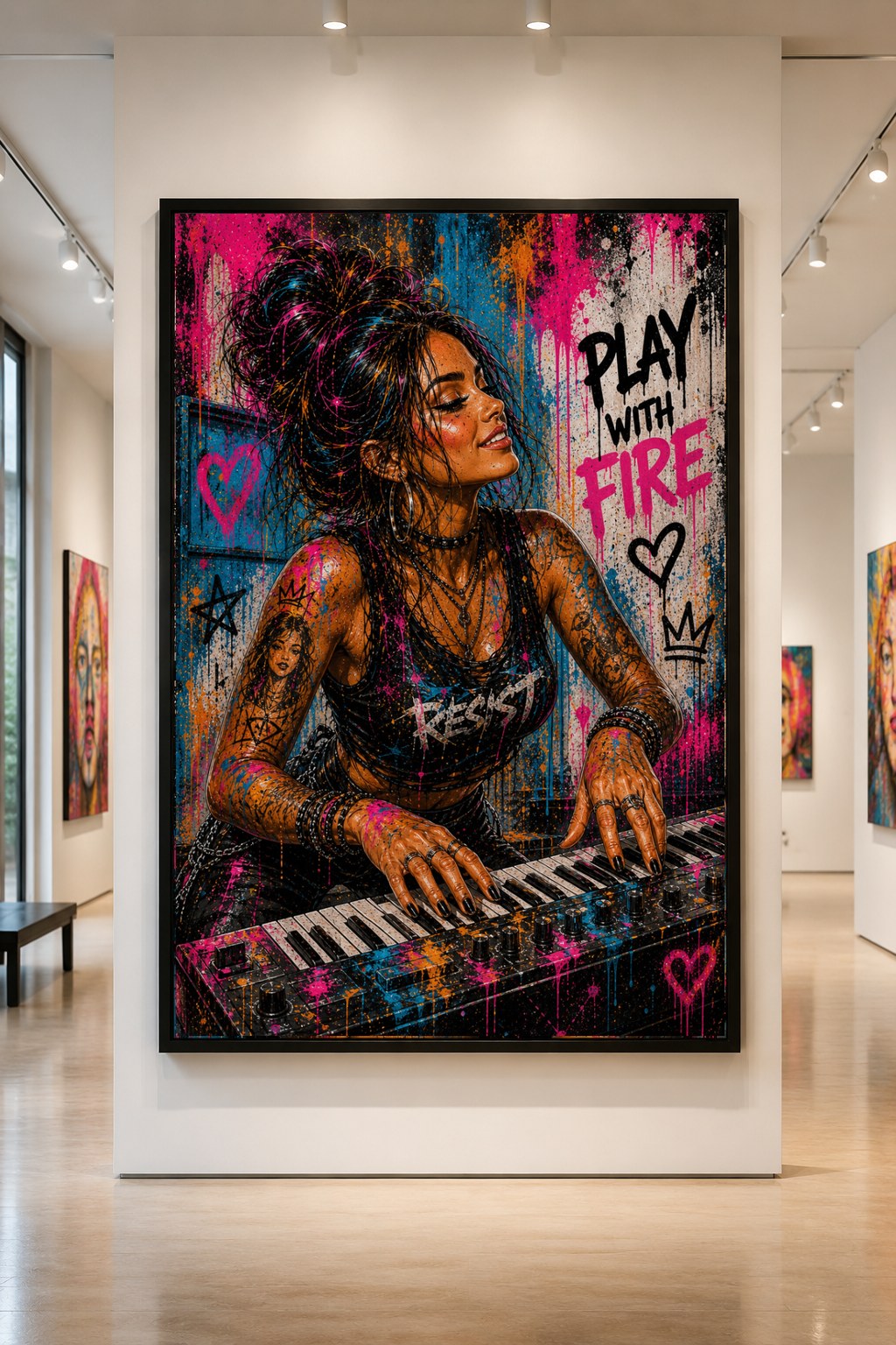 Street-pop keyboard player framed by spray-paint text and hot pink splatters, hanging in a gallery