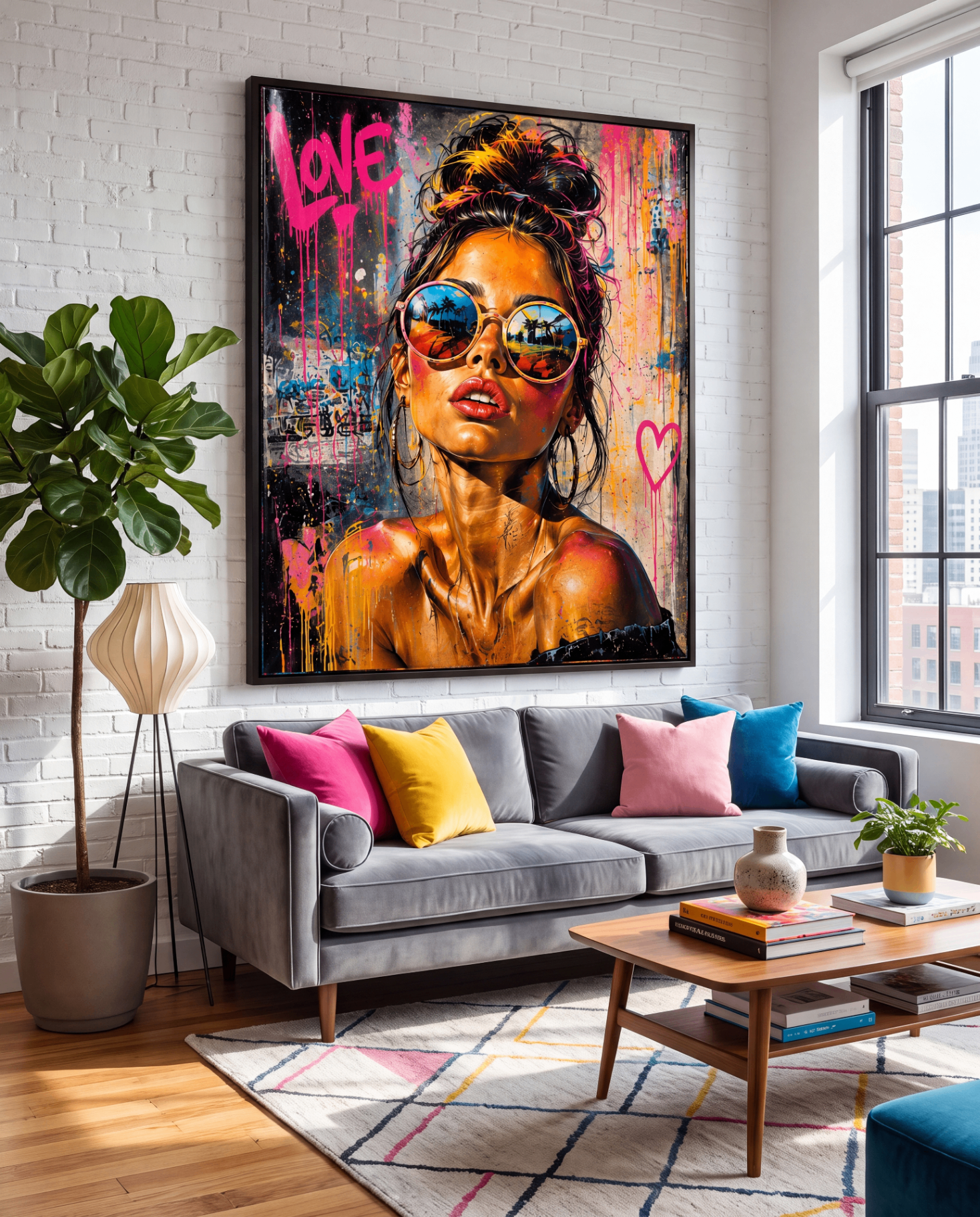 Love Round Shades — large original mixed-media pop art by Tomasio hanging on the wall of a modern luxury home interior, view 4