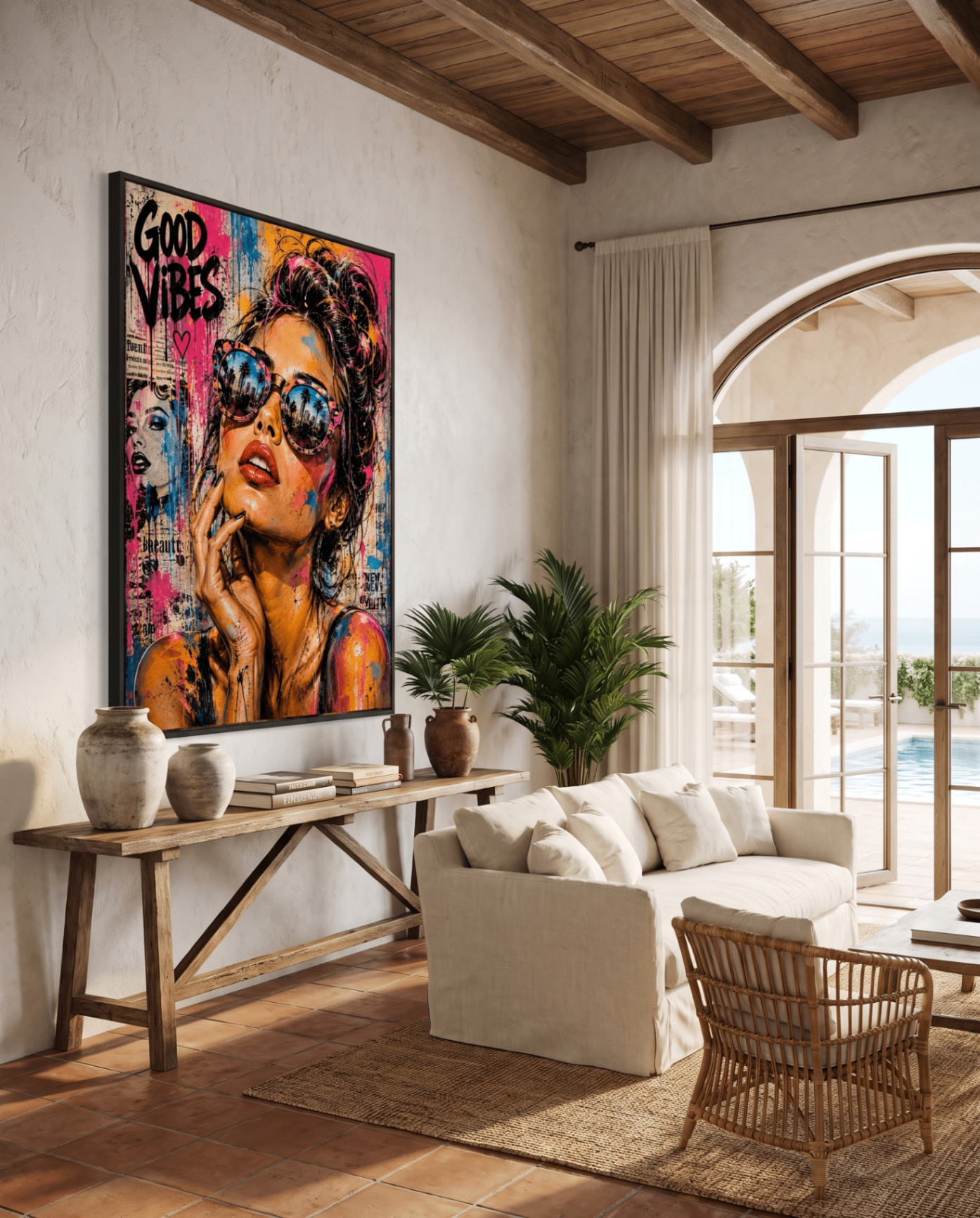 Good Vibes Muse — large original mixed-media pop art by Tomasio hanging on the wall of a modern luxury home interior, view 3