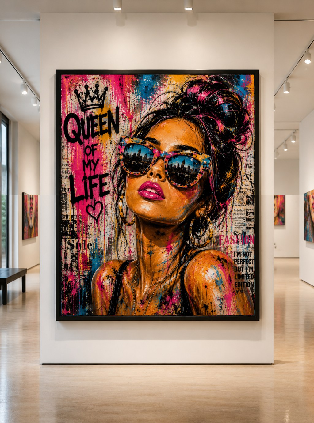 Street-pop portrait with dripping text reading Queen of My Life, displayed in a gallery