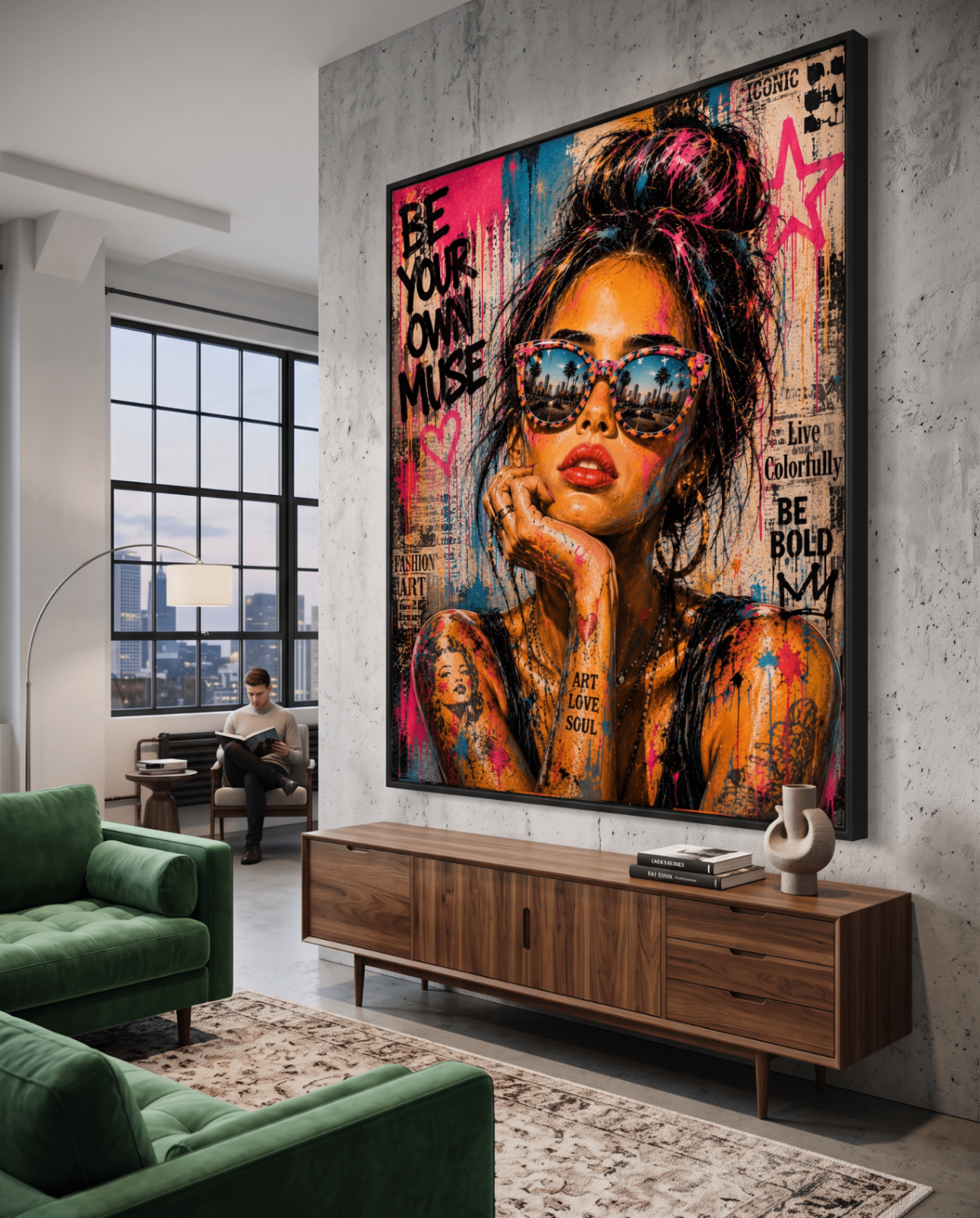 Be Your Own Muse — large original mixed-media pop art by Tomasio hanging on the wall of a modern luxury home interior, view 4