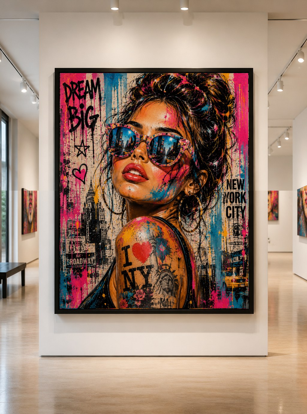 Pop-art portrait with New York skyline details and graffiti text reading Dream Big, hanging in a gallery