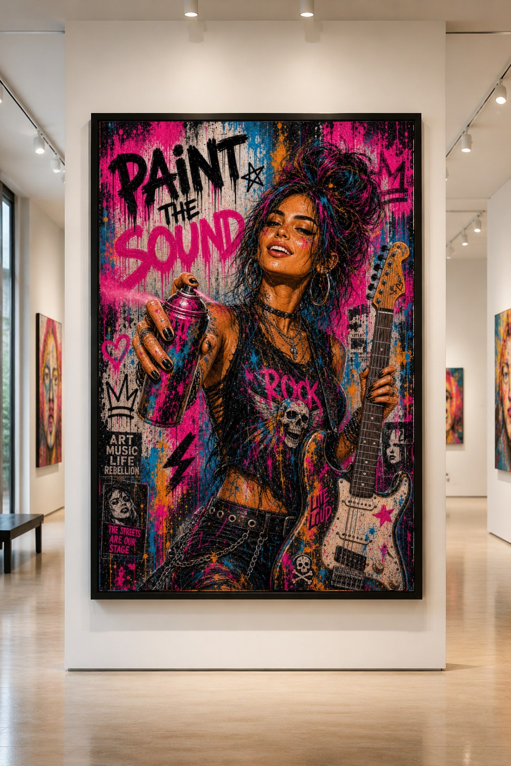Street-pop guitarist spraying pink paint while holding an electric guitar, displayed in a gallery