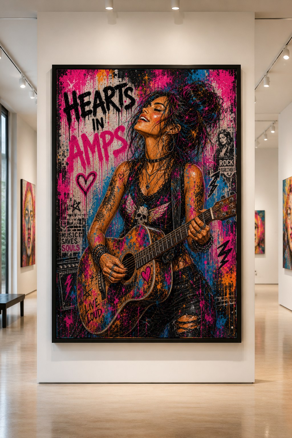 Street-pop musician playing acoustic guitar beneath painted lettering, hanging in a gallery