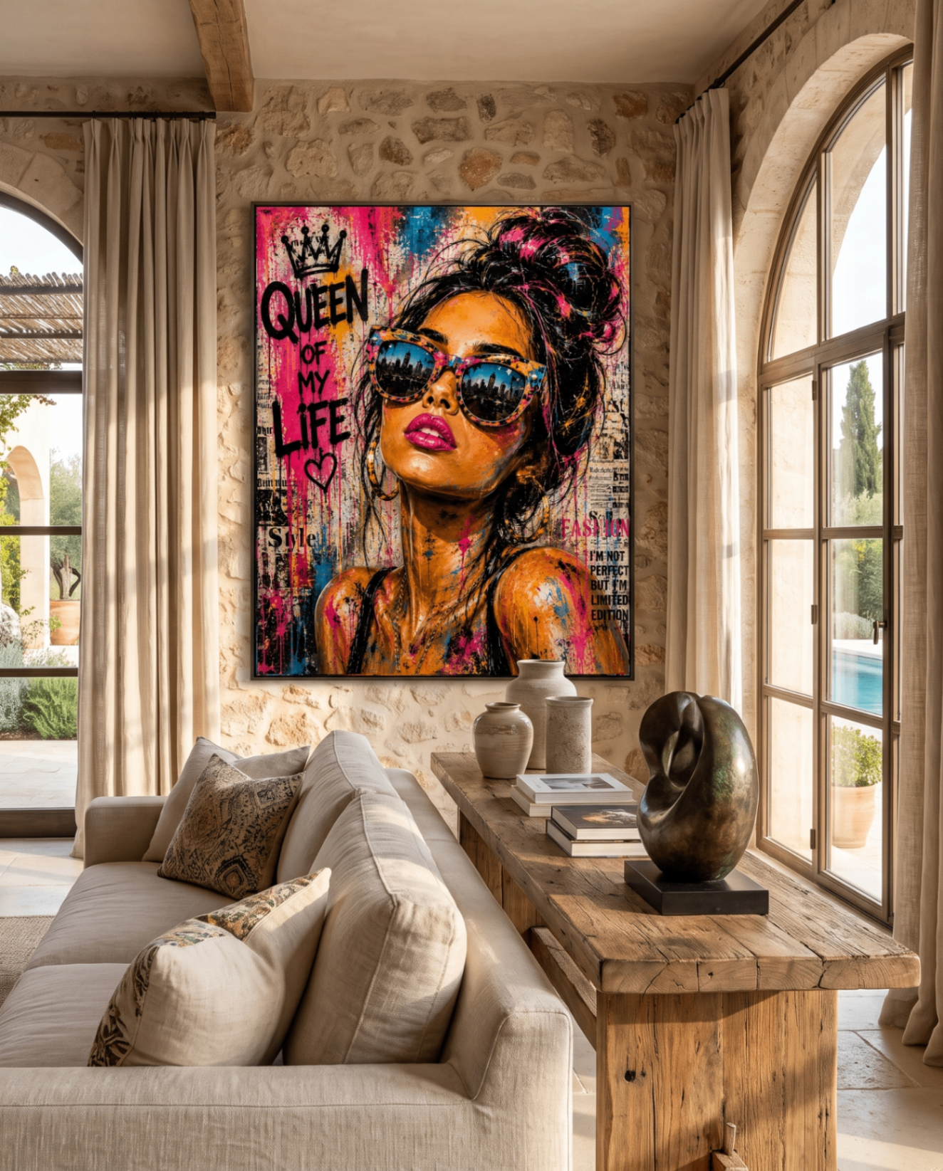 Queen of My Life — large original mixed-media pop art by Tomasio hanging on the wall of a modern luxury home interior, view 3